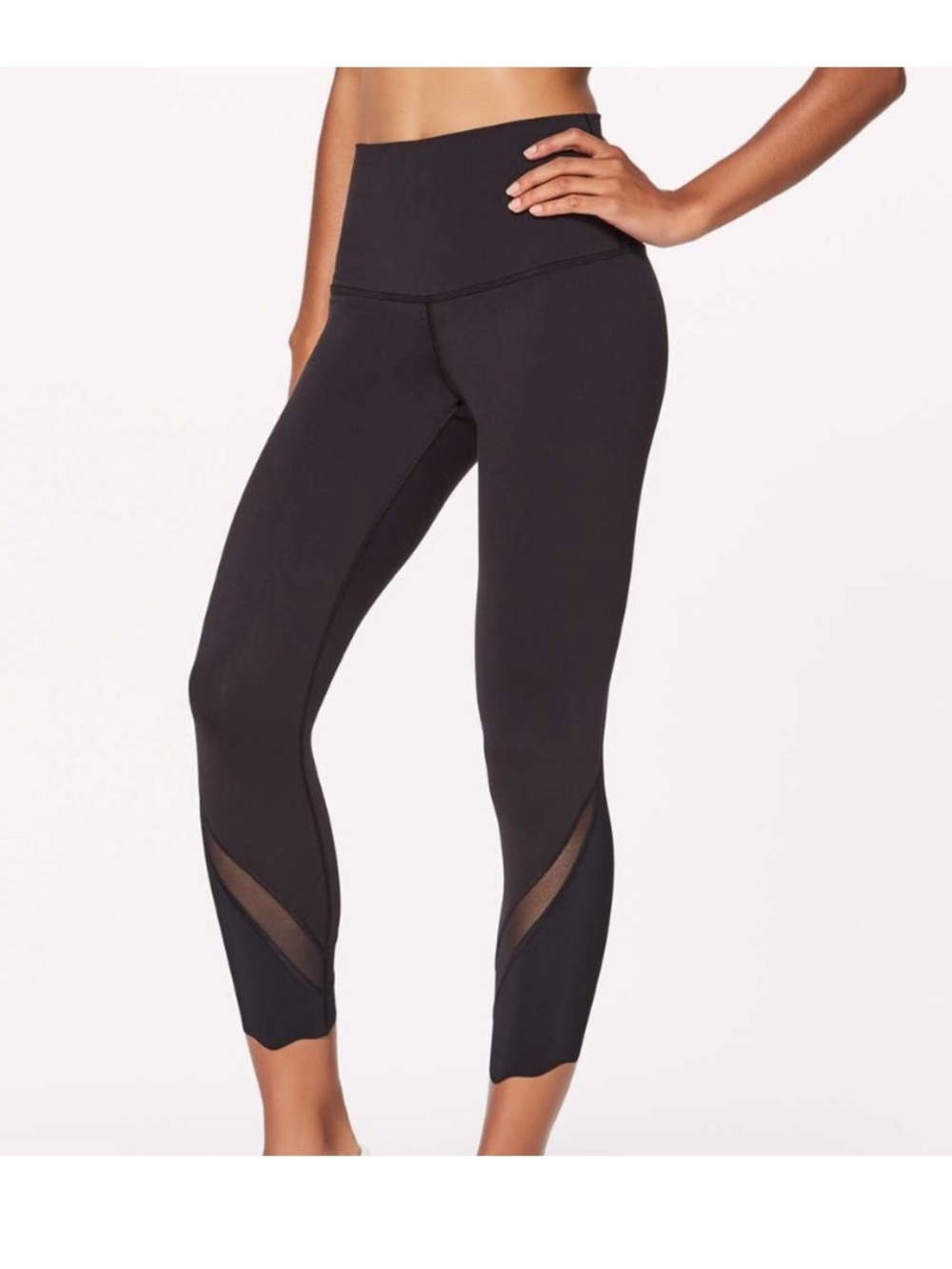Lululemon Black Wunder Under Crop Scallop Hem Mesh Detail Legging W6BF1S Size 10